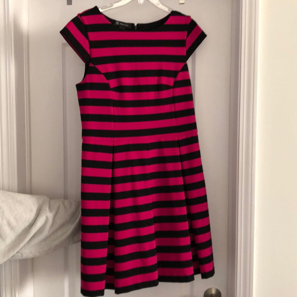 Knee length Black & pink striped fit &flair dress